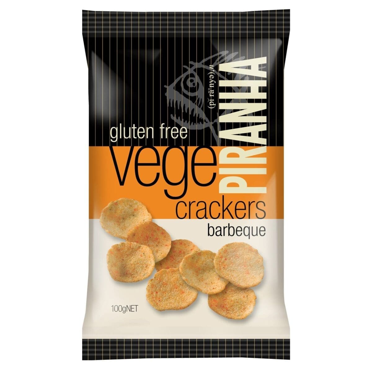 Piranha Vege Crackers 100g bag, black/orange, gluten-free, barbeque flavor, round crackers.