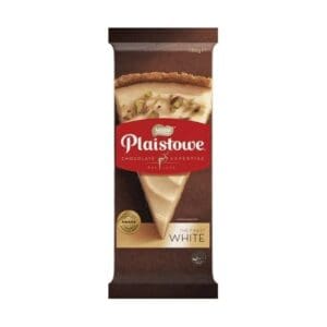 Plaistowe white chocolate package, dessert with nuts, brown background, award recognition.