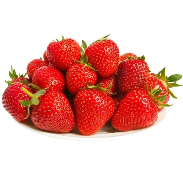 Strawberries on a Plate Plate of fresh red strawberries with green stems.