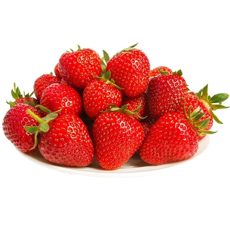 Plate of fresh red strawberries with green stems.