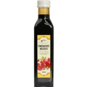 Bottle of 250ml pomegranate molasses with label and white cap.