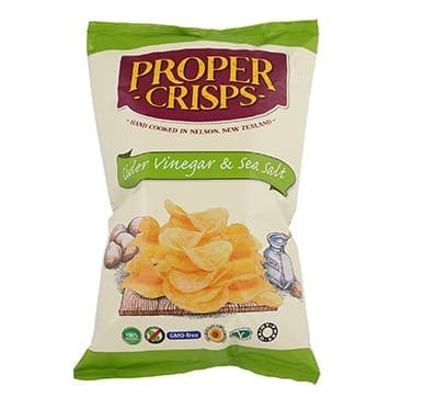 Bag of Proper Crisps, cider vinegar and sea salt flavor, green and white packaging.