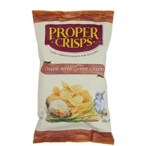 Bag of Proper Crisps, Onion with Green Chives flavor, 150g, from Nelson, New Zealand.