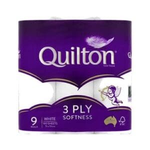 Quilton 3-ply toilet tissue, 9 rolls, 180 sheets, soft, purple package, Australian made, FSC certified.