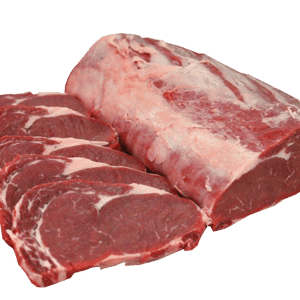 Large raw beef cut with marbling, sliced on end, displaying rich red color.