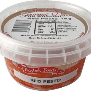 Raybek Foods red pesto container, 180g, labeled "Gourmet Dips," best before 20/01/2020.