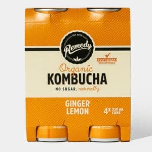 Remedy Organic Kombucha 4-pack, Ginger Lemon, no sugar, 250 ml cans, orange and cream design.