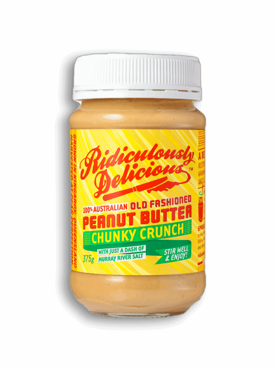 Jar of "Ridiculously Delicious" chunky peanut butter, 375g, with Murray River salt.