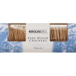 Rocco's Deli Tuscan Fine Wafer Crackers, 100g, light blue packaging with wheat imagery.