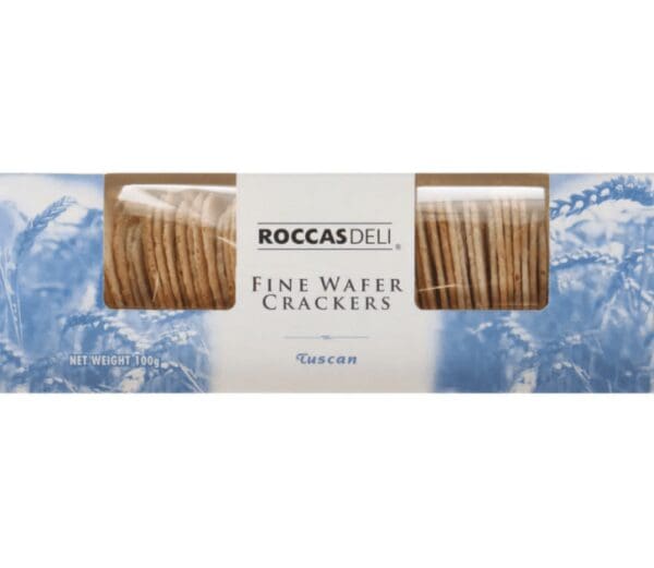 Rocco's Deli Tuscan Fine Wafer Crackers, 100g, light blue packaging with wheat imagery.