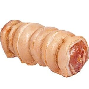 Rolled raw pork with visible fat and meat layers, pale pinkish-brown, tightly wrapped.