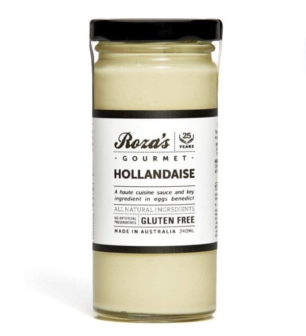 Jar of gluten-free, all-natural Roza's Gourmet Hollandaise sauce, 240ml, made in Australia.