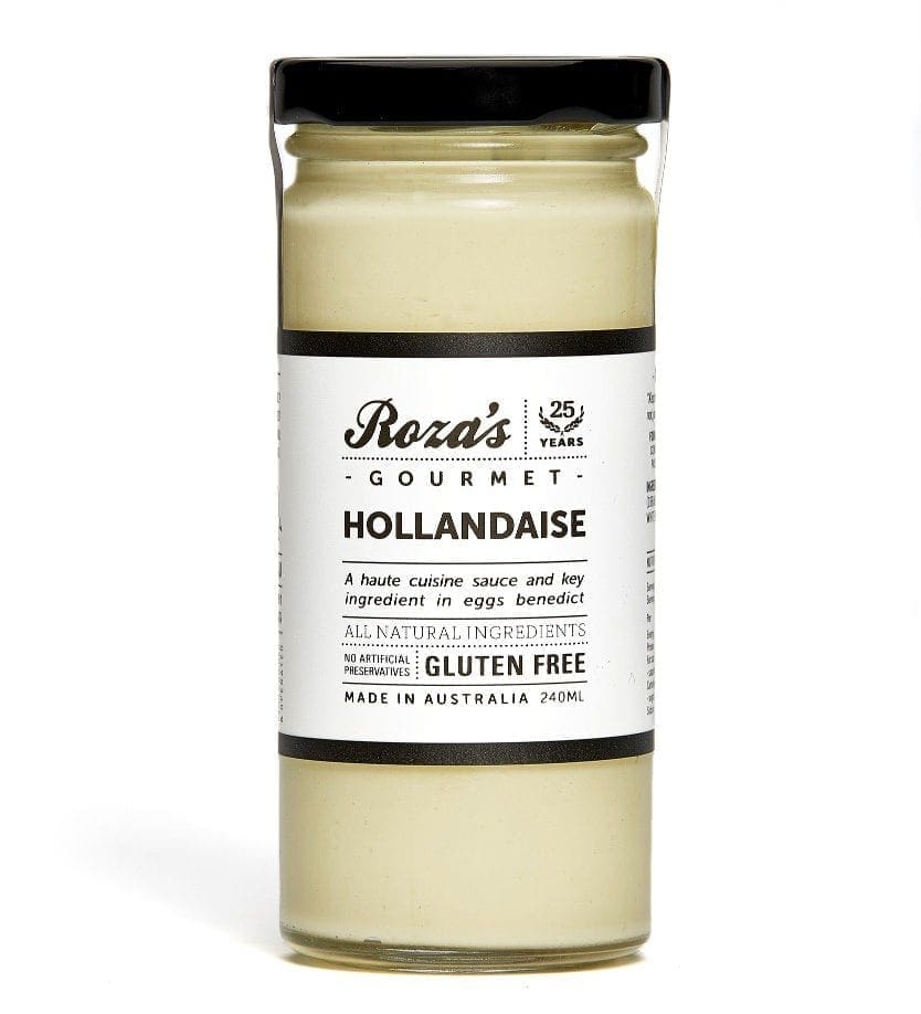 Jar of gluten-free, all-natural Roza's Gourmet Hollandaise sauce, 240ml, made in Australia.
