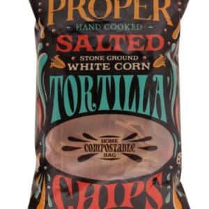 Bag of salted, hand-cooked tortilla chips, stone-ground white corn, home compostable, 170g.