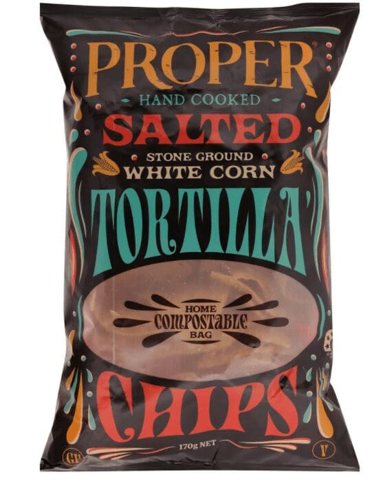 Bag of salted, hand-cooked tortilla chips, stone-ground white corn, home compostable, 170g.