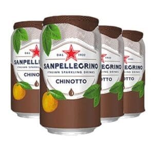 Four cans of Sanpellegrino Chinotto with fruit images and red star logo.