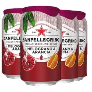 Four Sanpellegrino Melograno & Arancia cans with pomegranate, orange images, red star logo.