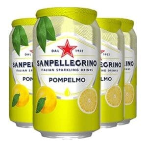 Four yellow cans of Sanpellegrino Pompelmo sparkling drink with grapefruit illustrations.