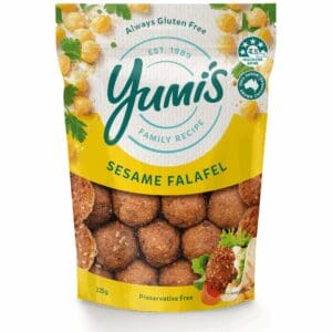 Sesame falafel package, gluten-free, preservative-free, 4.5-star health rating, 225g.