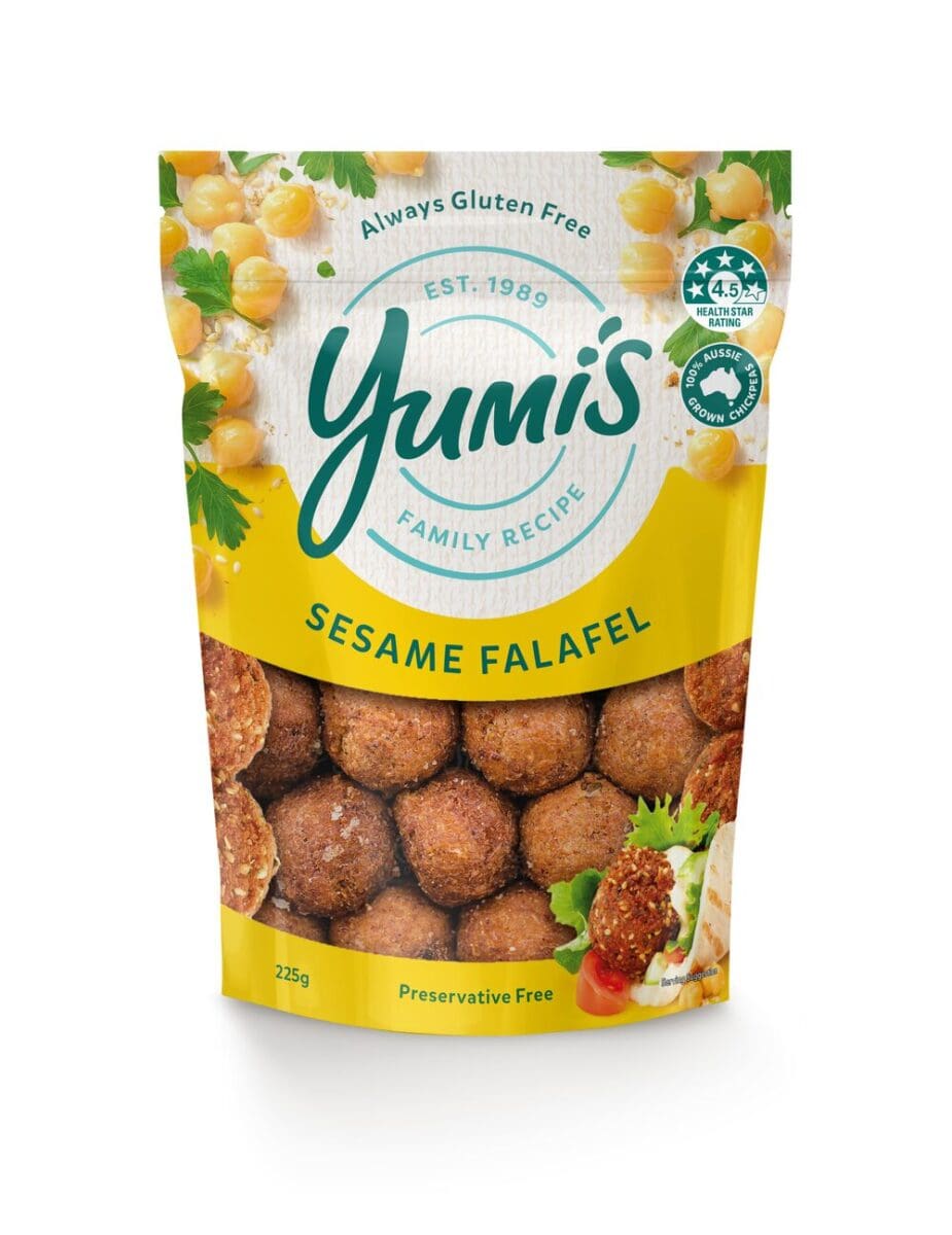 Sesame falafel package, gluten-free, preservative-free, 4.5-star health rating, 225g.