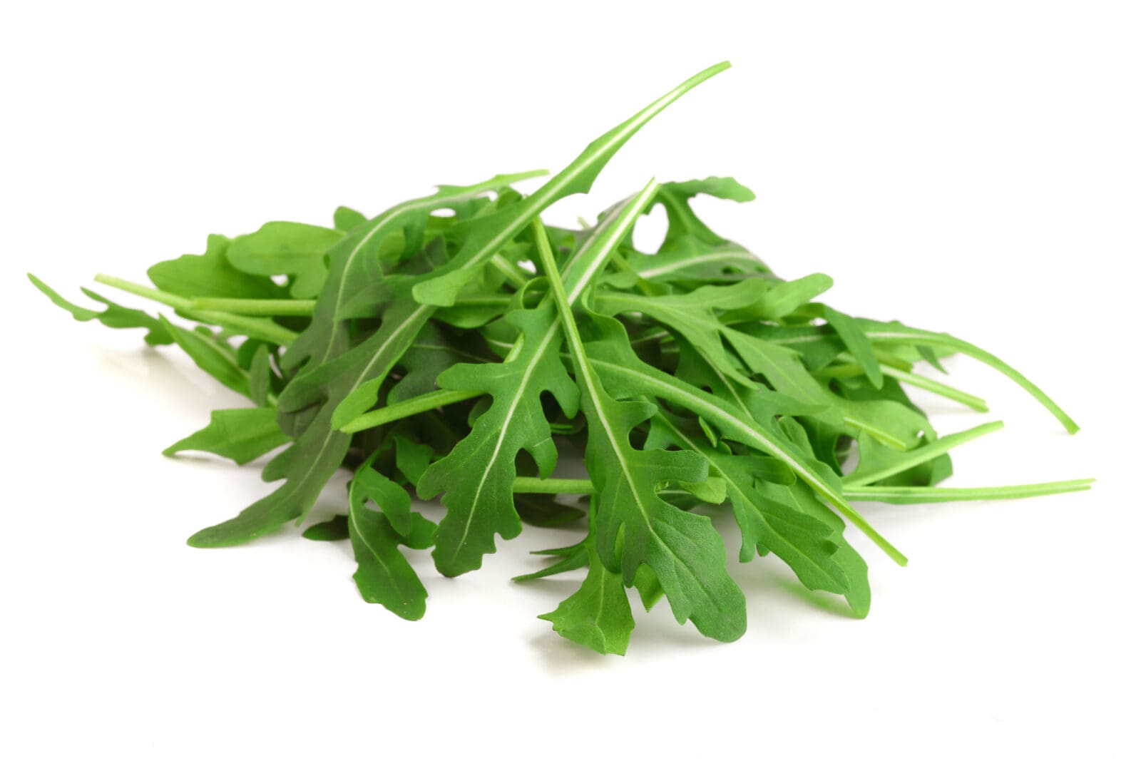 A pile of fresh arugula leaves with jagged edges on a plain white background.