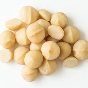 Collection of shelled macadamia nuts on a white background, varying in size and smoothness.