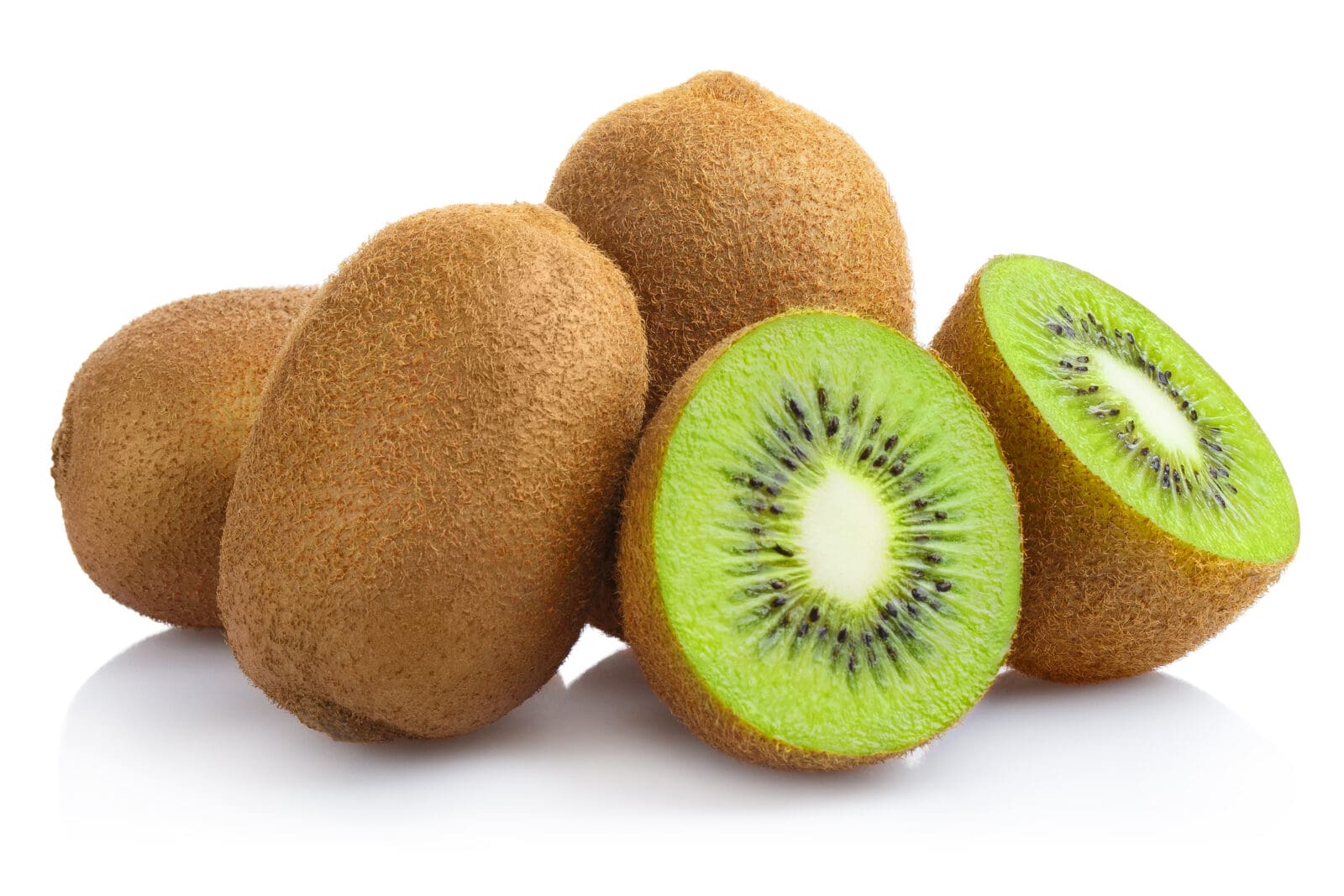 Whole and sliced kiwifruits showing fuzzy skin and green flesh with seeds.