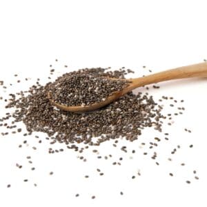 Chia seeds on a spoon with a white background
