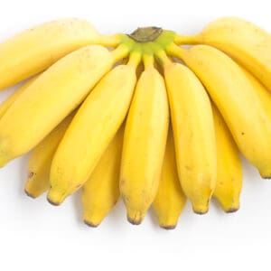 Ripe yellow bananas in a fan shape on a white background.