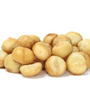 Pile of round, shelled, light brown nuts on a white background.