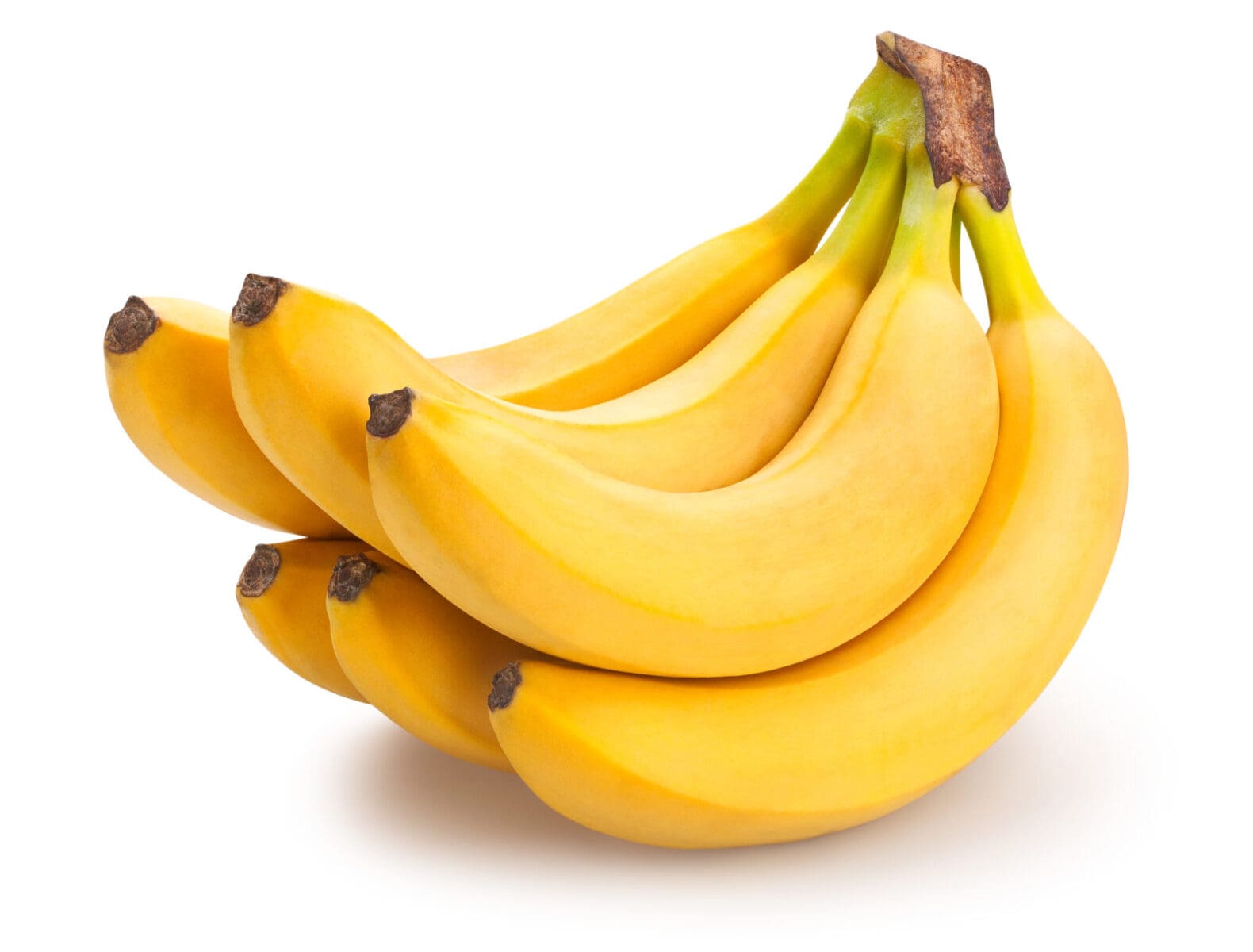 Ripe yellow bananas with curved shape and intact stems on a white background.