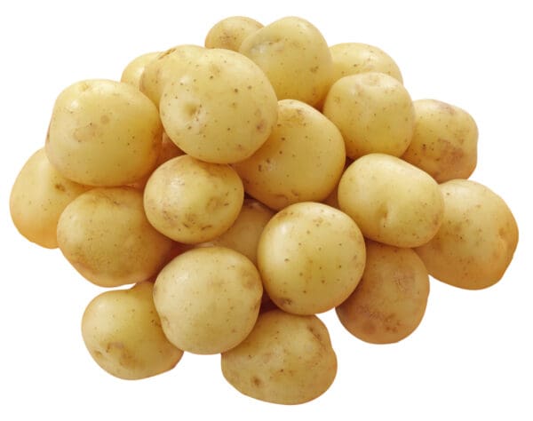 POTATOES CHATS 1 KG BAG Pile of unpeeled light brown potatoes on a white background.