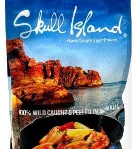 Skull Island Tiger Prawns package, 500g, wild caught in Gulf of Carpentaria, Australia.