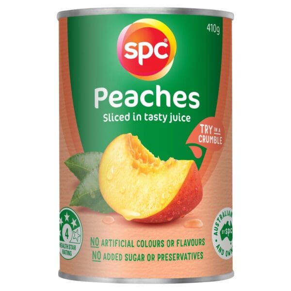 spc peaches SPC Peaches can, sliced in juice, no sugar, 410g, 4-star health rating, try in crumble.