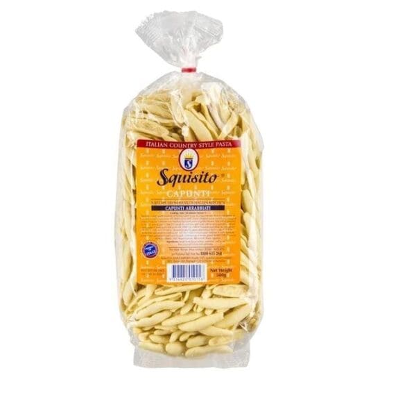 Italian Country-Style Capunti Pasta Package of Italian "Squisito Capunti" pasta in a clear 500g bag with label.