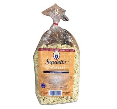 Bag of Squisito Cavatelli pasta in clear packaging with red tie and detailed label.
