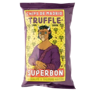 Packet of purple "Chips de Madrid Truffle Superbon" with whimsical figure design.