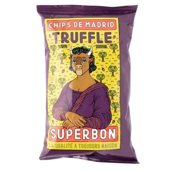 superbon_truffle_potato_chips_australia_2400x Packet of purple "Chips de Madrid Truffle Superbon" with whimsical figure design.