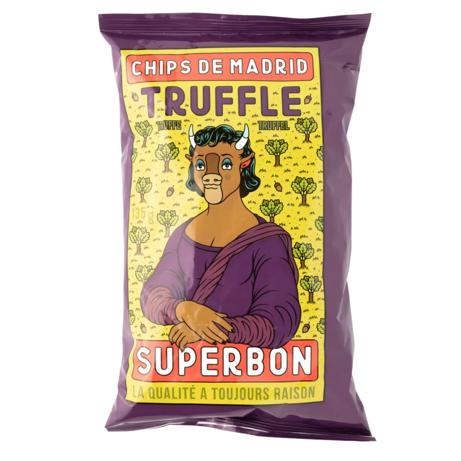 Packet of purple "Chips de Madrid Truffle Superbon" with whimsical figure design.