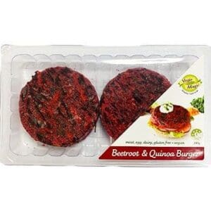 Plastic package with two vegan beetroot quinoa patties, gluten-free and moist, with label.