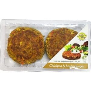 Plastic tray with two vegan, gluten-free chickpea and lentil burgers, labeled allergen-friendly.