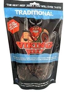 Viking Jerky package with cartoon Viking, Traditional flavor, gluten-free, Australian made.