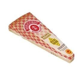 Wedge-shaped cheese in patterned packaging with logos and labels.