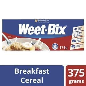 Weet-Bix cereal box, 375g, low sugar, 97% wholegrain, Australian wheat.