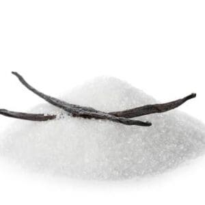 Pile of white sugar with two dark brown vanilla beans on plain white background.