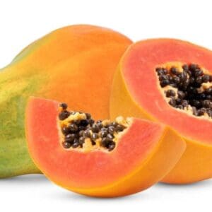 A whole papaya and two halves with orange flesh and black seeds are shown.