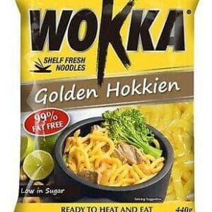 Wokka Golden Hokkien noodles, 99% fat-free, low sugar, ready to heat, 440g package displayed.