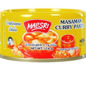 Yellow can of Masaman Curry Paste with illustration and 114g net weight.