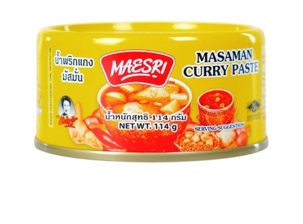 Masaman Curry Paste Can by Maesri Yellow can of Masaman Curry Paste with illustration and 114g net weight.