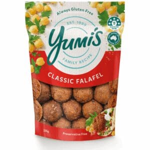 Yumi’s Classic Falafel package, 225g, gluten and preservative free, 5-star health rating.